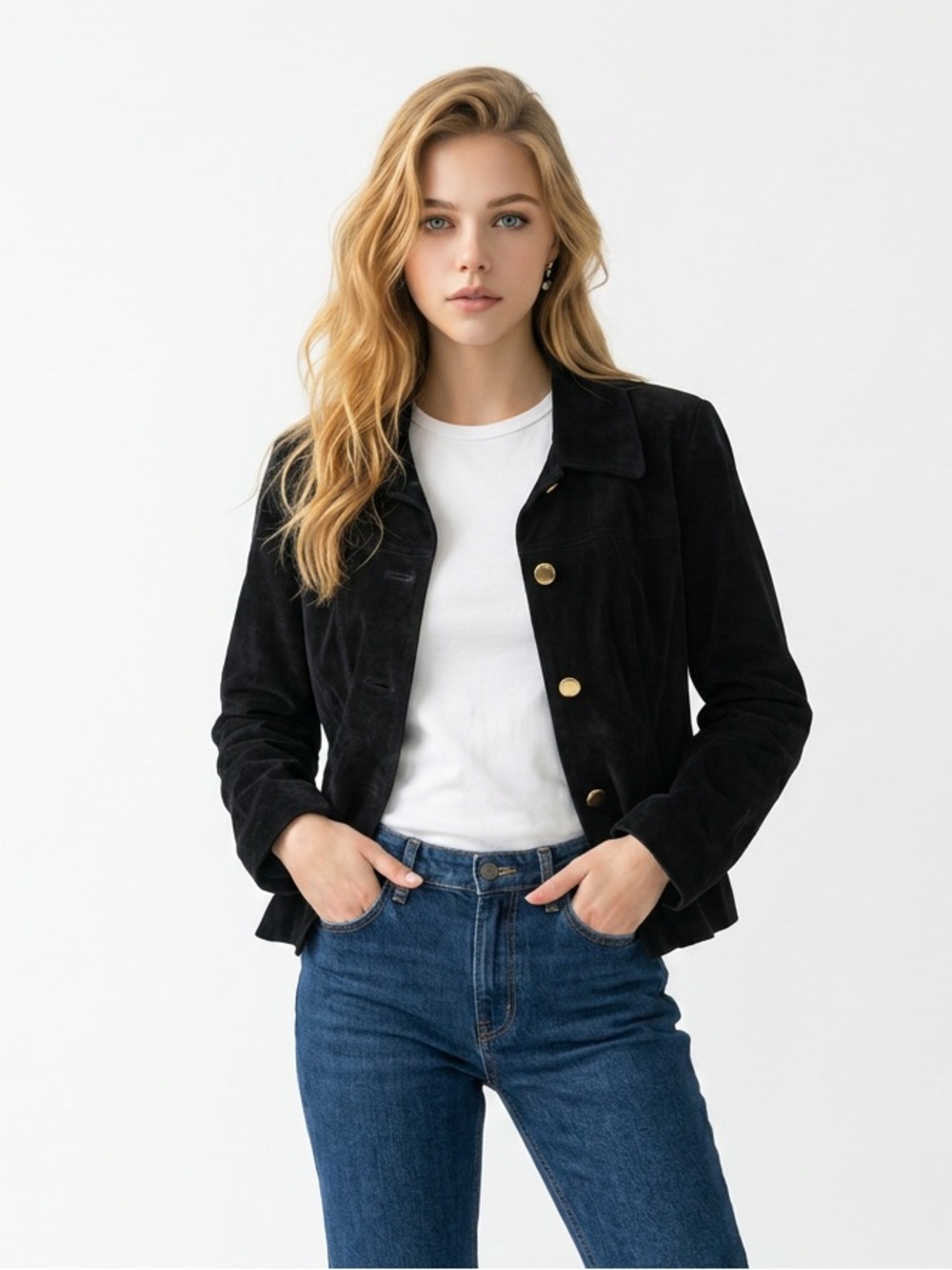 Women’s Black Suede Button Jacket - Classic Tailored Blazer